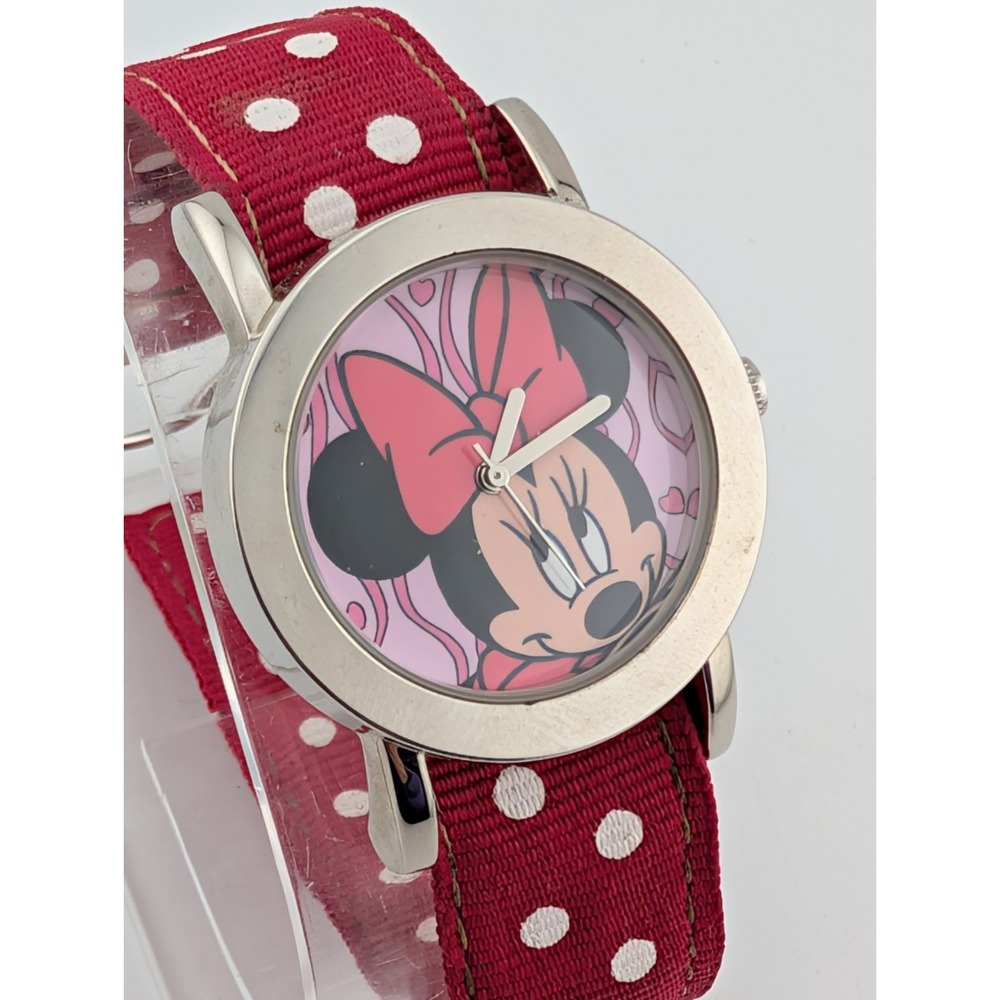 Time Works Disney Minnie Mouse Watch 33mm Case Polka Dot Canvas Band- Working